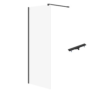 SET C80: Kabina walk-in MILLE 80x200 czarna szkło transp + odpływ liniowy TAKO ...