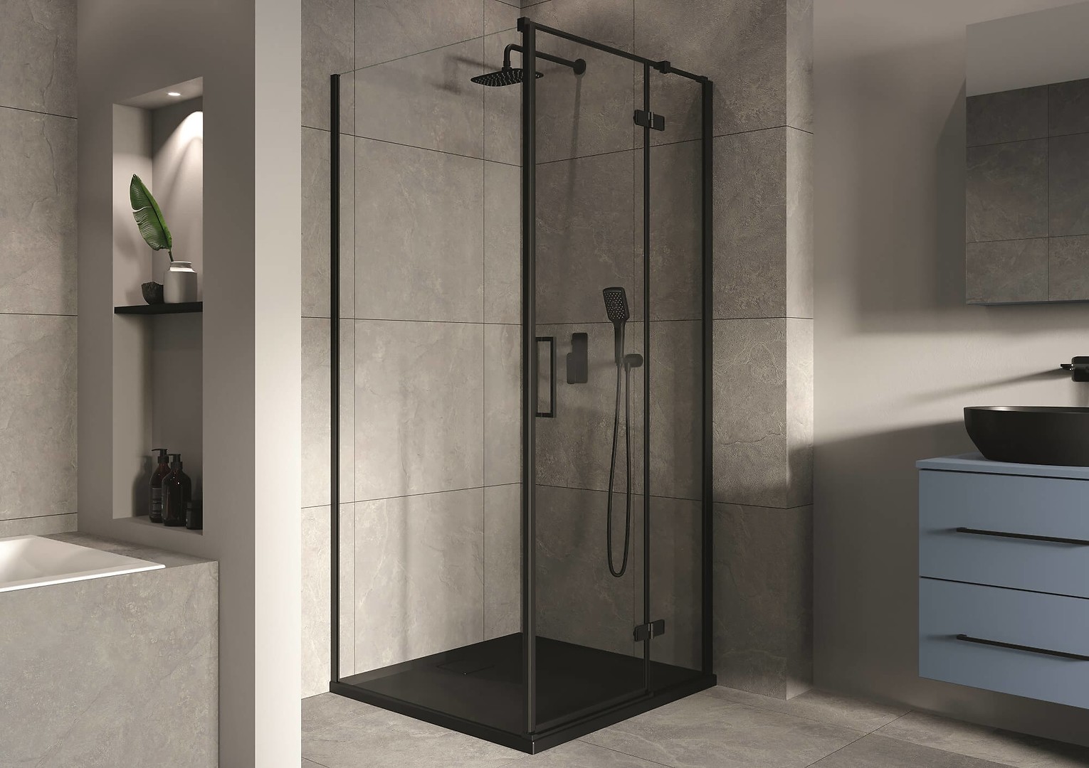 Kabina prysznicowa naróżna CITY by Cersanit czarna z czarną armaturą podtynkową