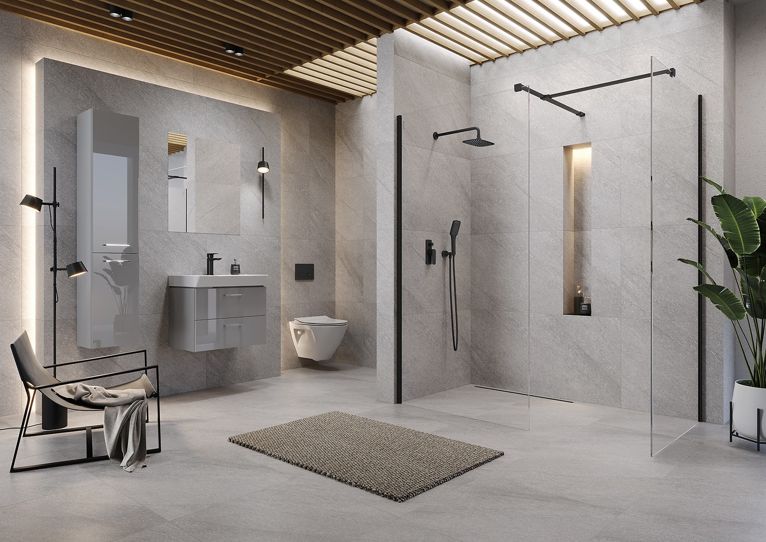 Kabiny prysznicowe MILLE walk-in czarna z czarną armaturą - Cersanit