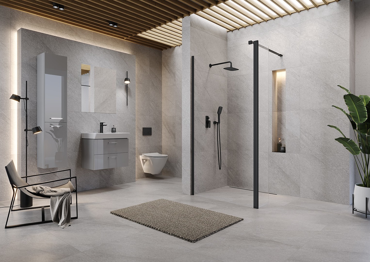 Kabiny prysznicowe MILLE walk-in czarna z czarną armaturą - Cersanit