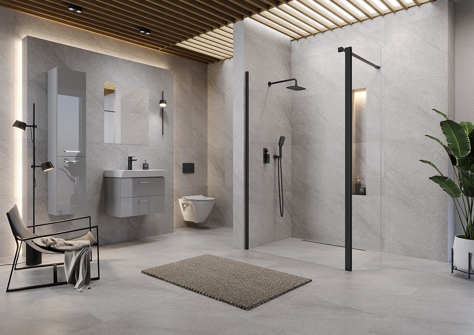 Kabiny prysznicowe MILLE walk-in czarna z czarną armaturą - Cersanit