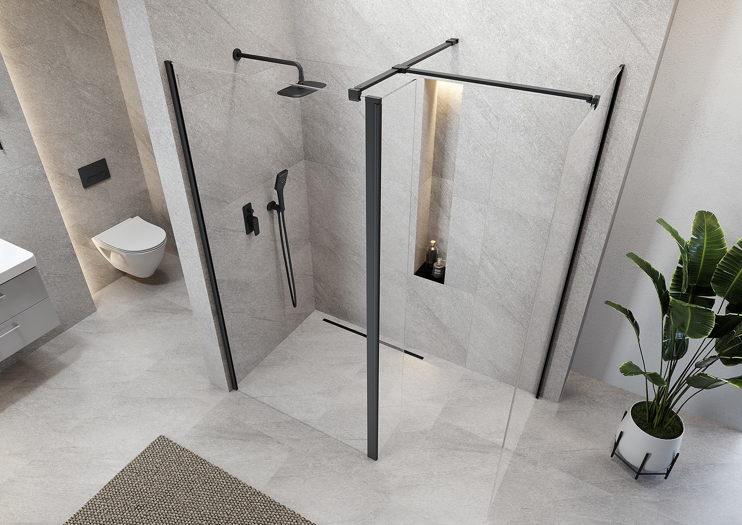 Kabiny prysznicowe MILLE walk-in czarna z czarną armaturą - Cersanit